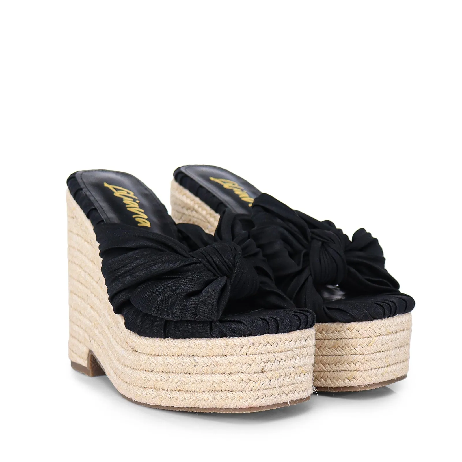 ELLY-1 PLEATED BOW SANDAL W/ ESPADDRILLE WEDGE - BLACK