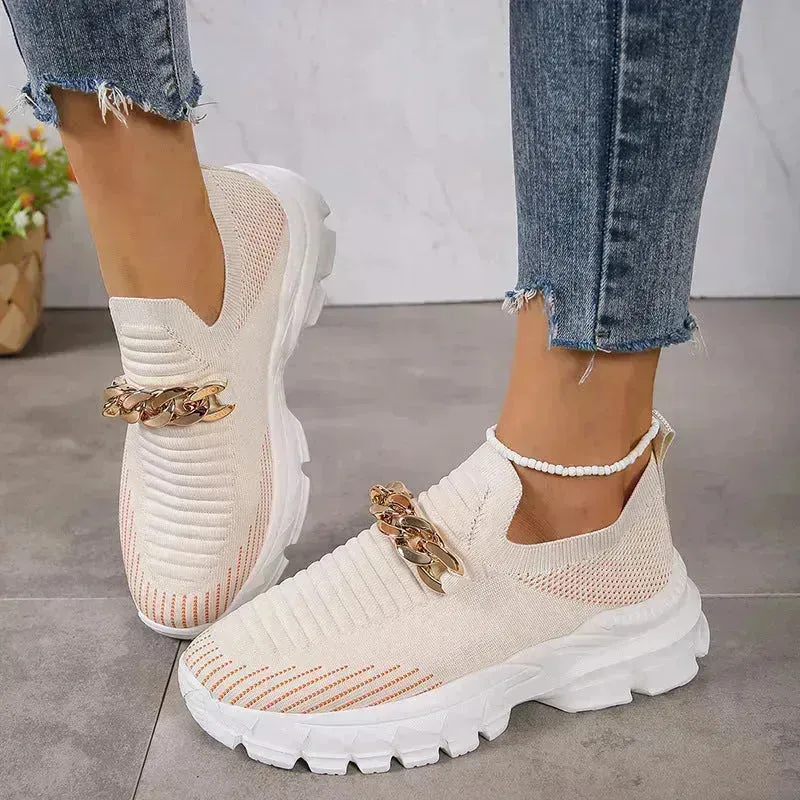 Fashion Chain Design Mesh Shoes For Women Breathable Casual Soft Sole Walking Sock Slip On Flat Chunky Sneakers Shoes for Women