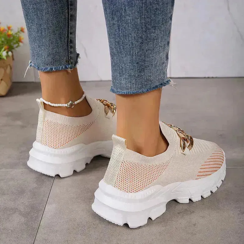 Fashion Chain Design Mesh Shoes For Women Breathable Casual Soft Sole Walking Sock Slip On Flat Chunky Sneakers Shoes for Women