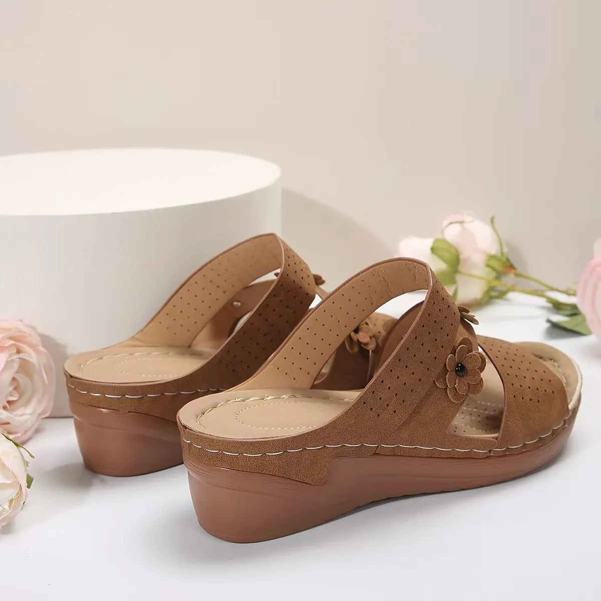 Flower PU Leather Wedge Sandals