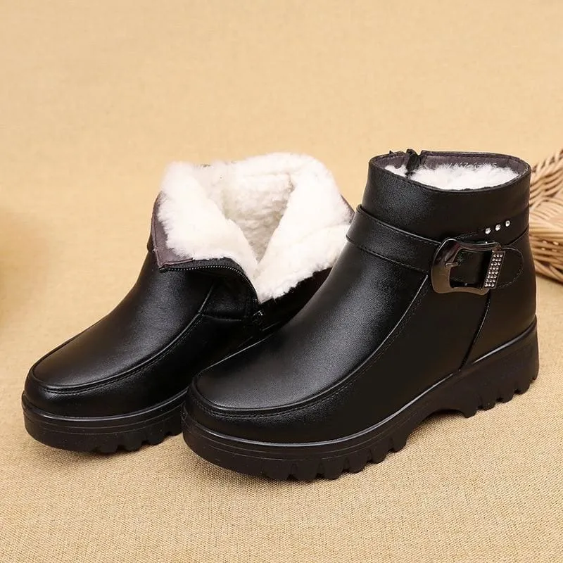 Genuine Leather Thick Plush Warm Waterproof Non-slip Snow Boots For Women