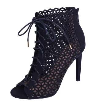 Glaze Women's Geometric Laser Cut Out Peep Toe Stiletto Heel Ankle Bootie