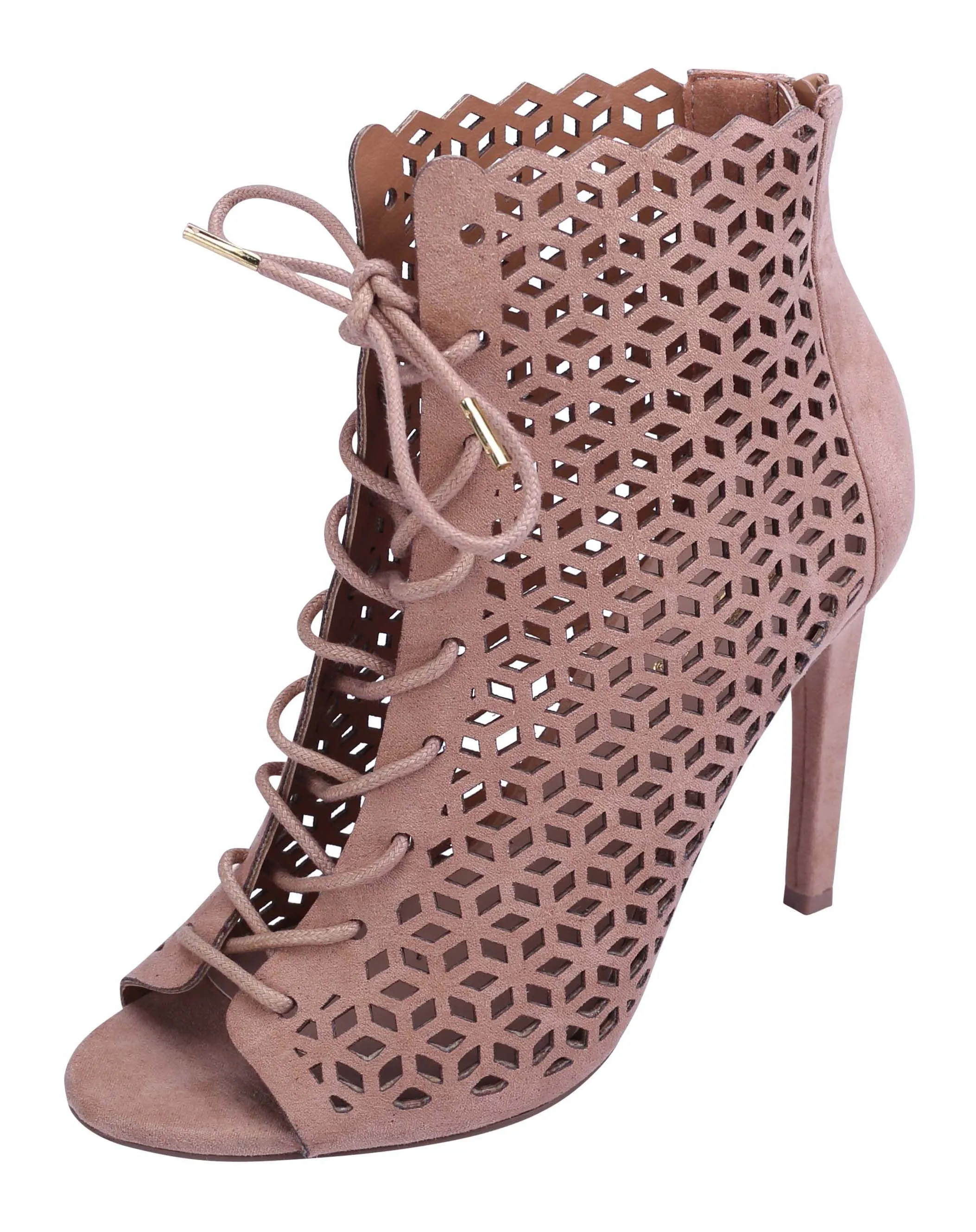 Glaze Women's Geometric Laser Cut Out Peep Toe Stiletto Heel Ankle Bootie