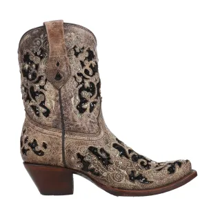 Glitter Tooled-Inlay & Crystals Sequins Snip Toe Cowboy Booties