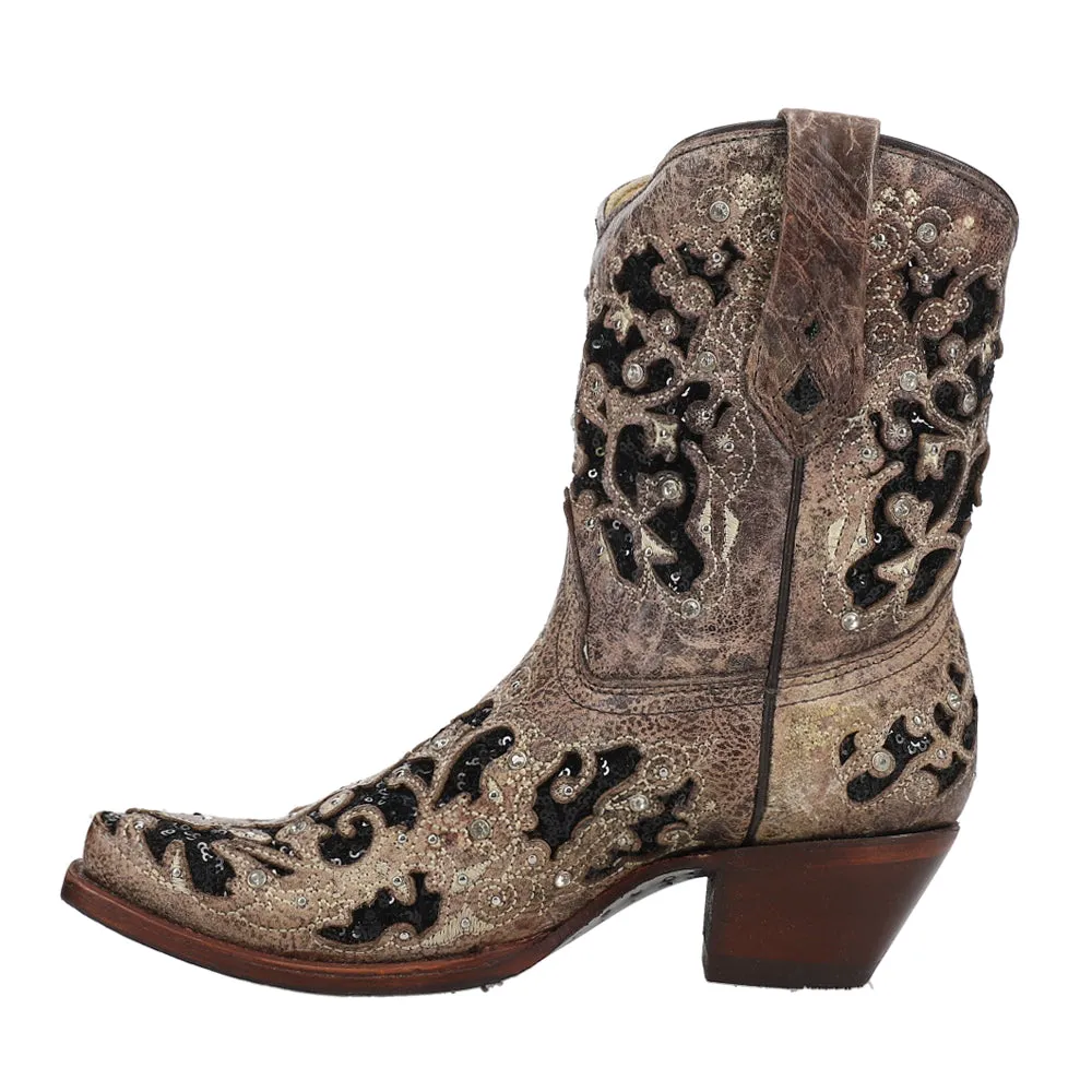 Glitter Tooled-Inlay & Crystals Sequins Snip Toe Cowboy Booties