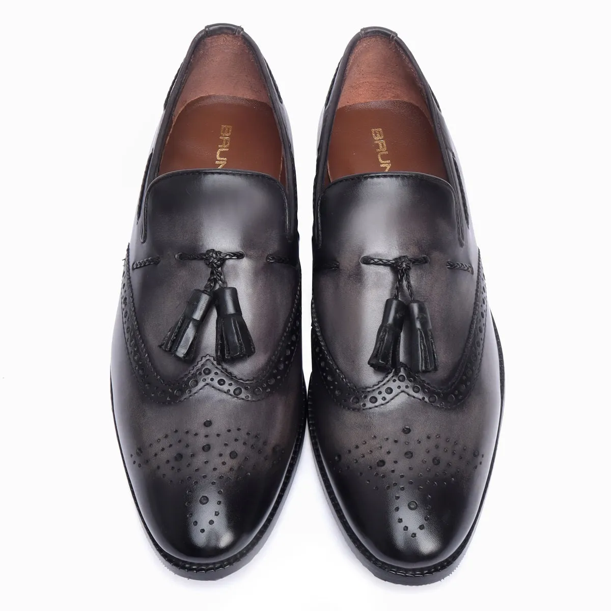 Grey Punching Brogue Medallion Toe Formal Tassel Slip-On Shoes By Brune & Bareskin