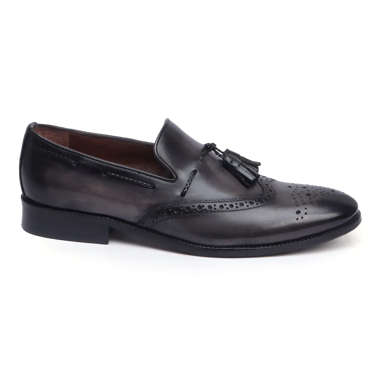 Grey Punching Brogue Medallion Toe Formal Tassel Slip-On Shoes By Brune & Bareskin