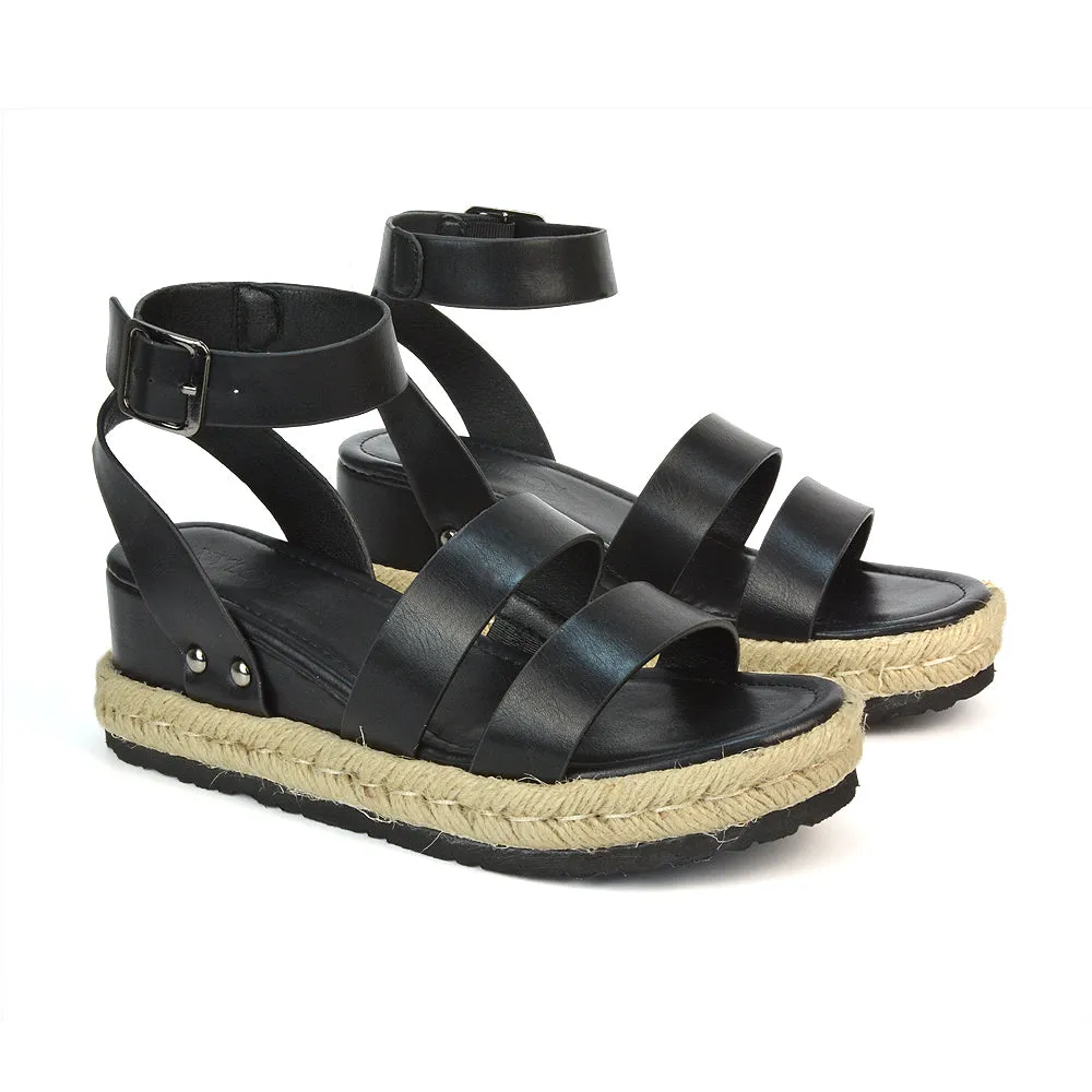 Jorja Platform Wedge Heel Sandals Espadrilles in Black Synthetic Leather