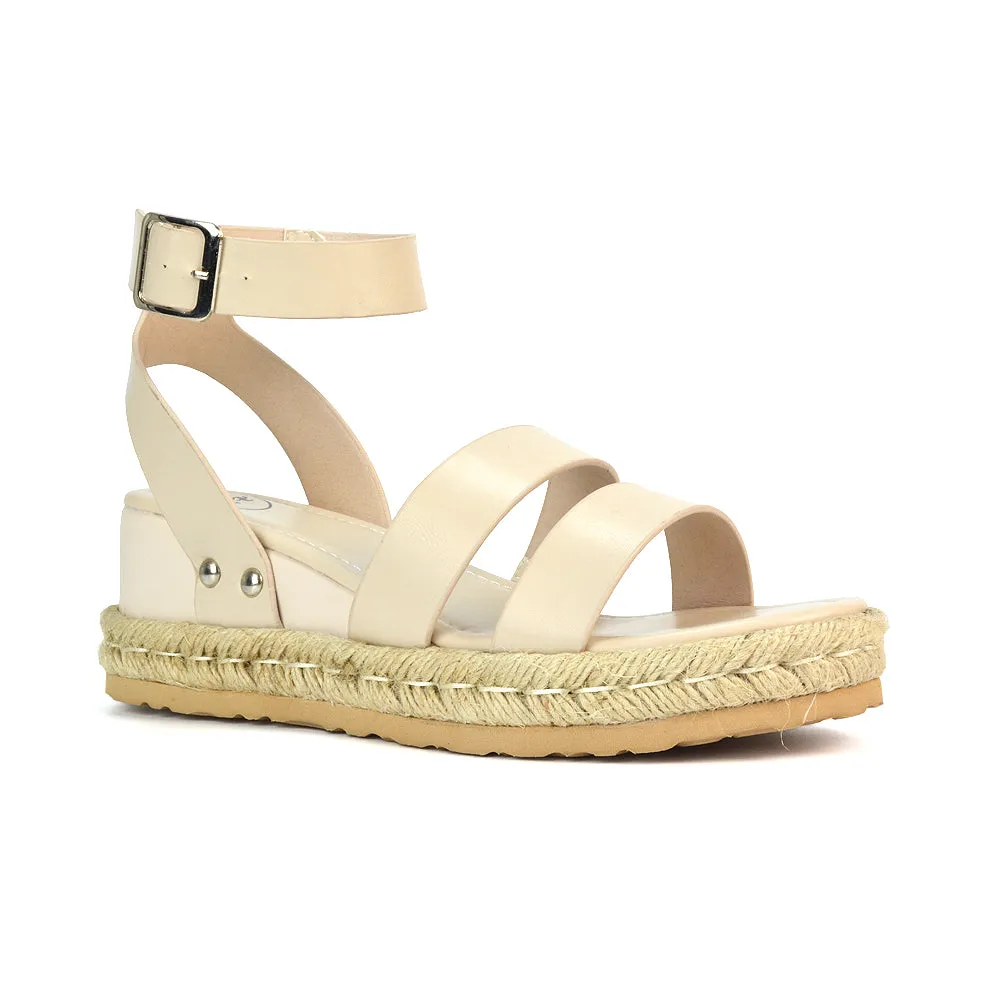 Jorja Platform Wedge Heel Sandals Espadrilles in Black Synthetic Leather