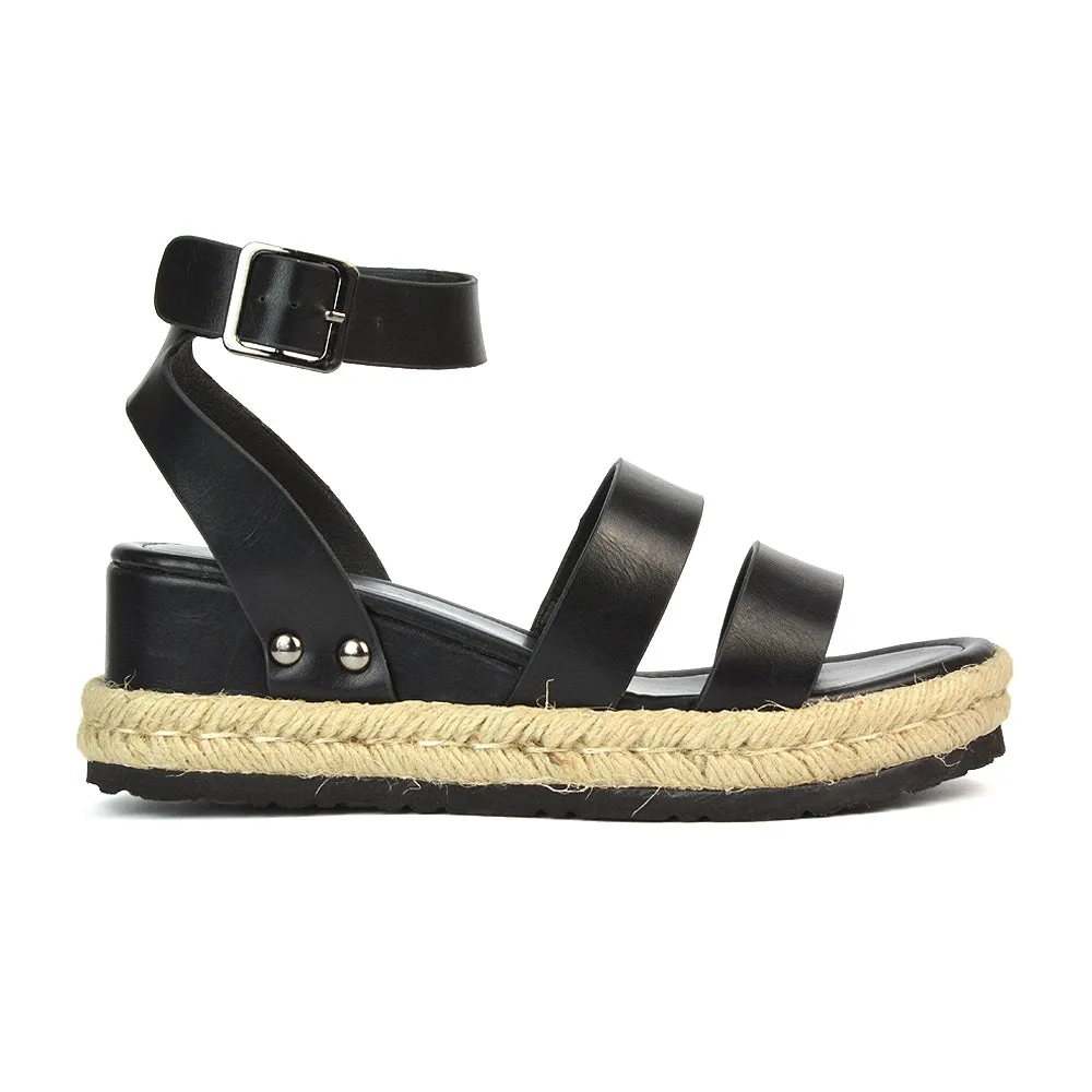 Jorja Platform Wedge Heel Sandals Espadrilles in Black Synthetic Leather