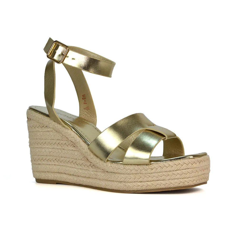 Kala Espadrille Strappy Platform Wedge Heel Sandals With a Square Toe in Black