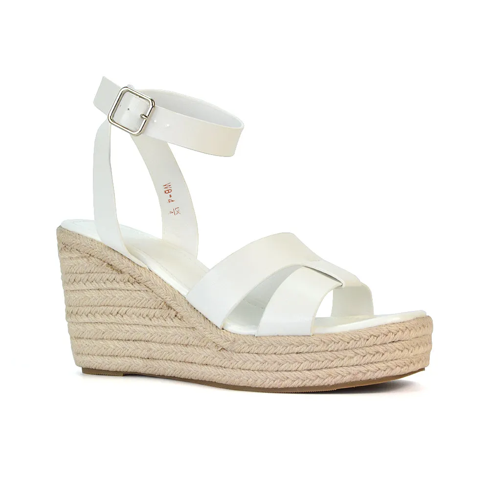 Kala Espadrille Strappy Platform Wedge Heel Sandals With a Square Toe in Black