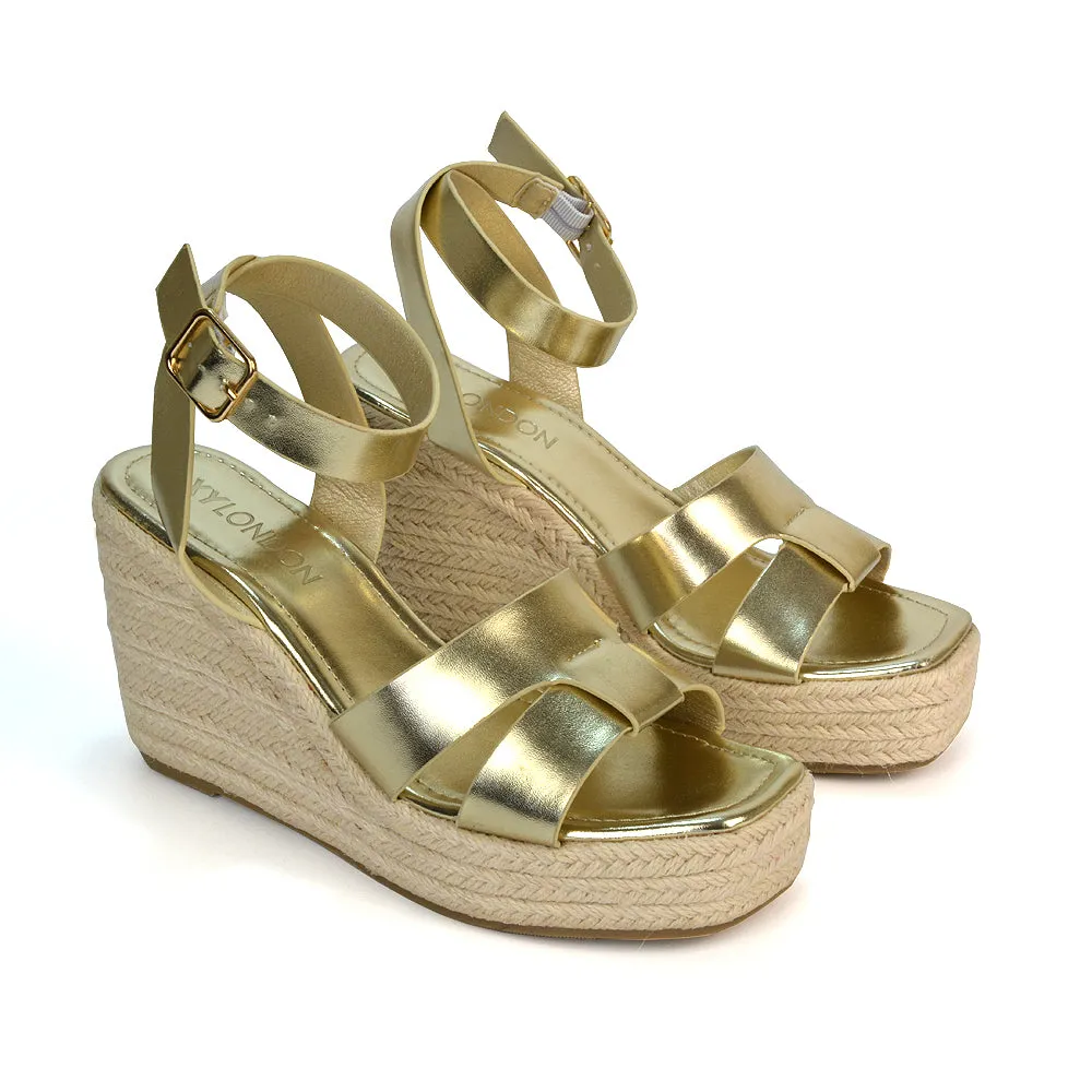 Kala Espadrille Strappy Platform Wedge Heel Sandals With a Square Toe in Black