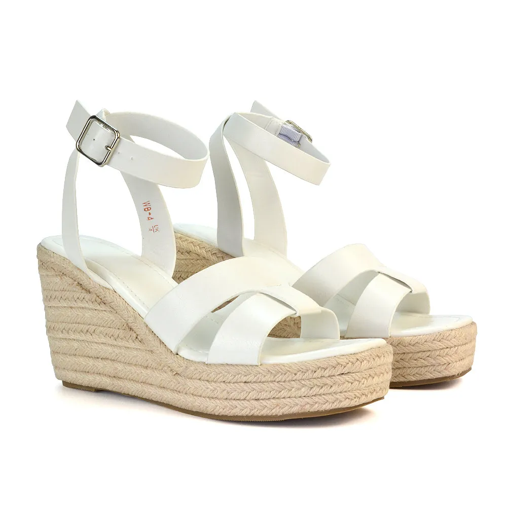 Kala Espadrille Strappy Platform Wedge Heel Sandals With a Square Toe in Black