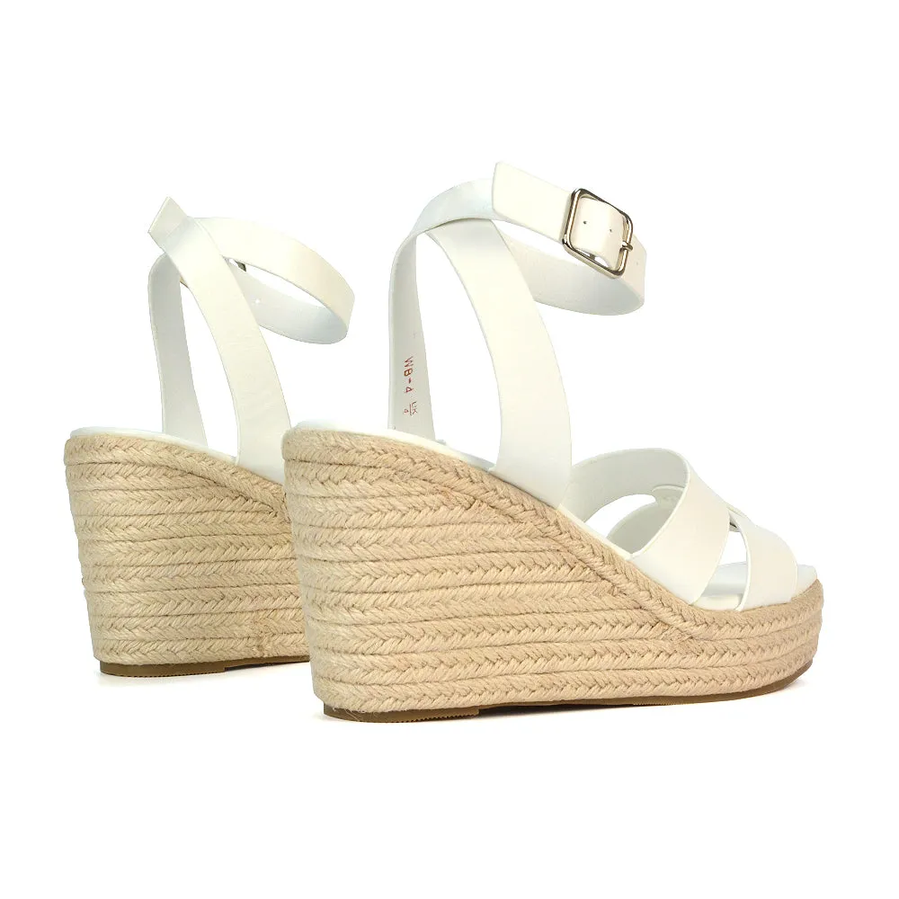 Kala Espadrille Strappy Platform Wedge Heel Sandals With a Square Toe in Black