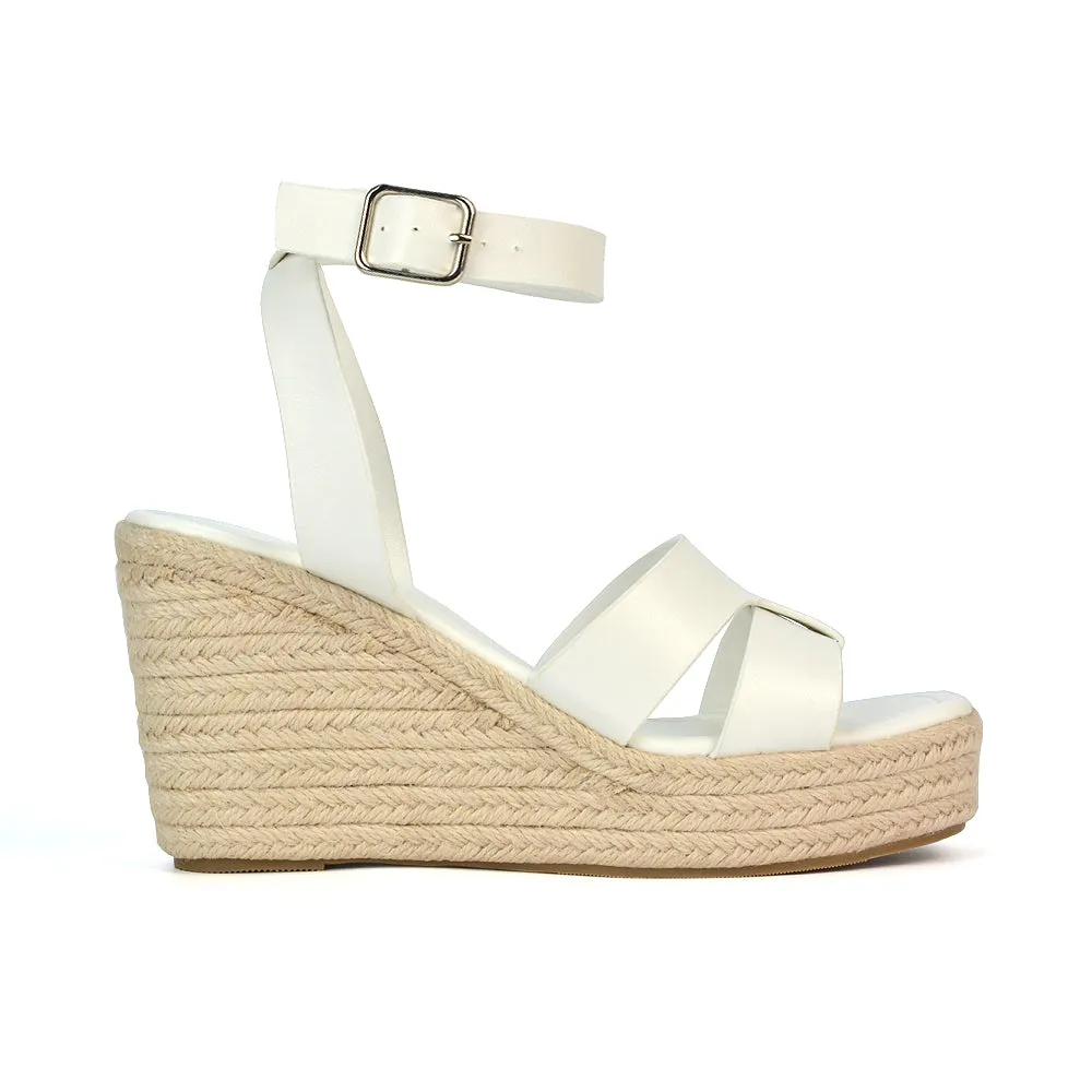 Kala Espadrille Strappy Platform Wedge Heel Sandals With a Square Toe in Black