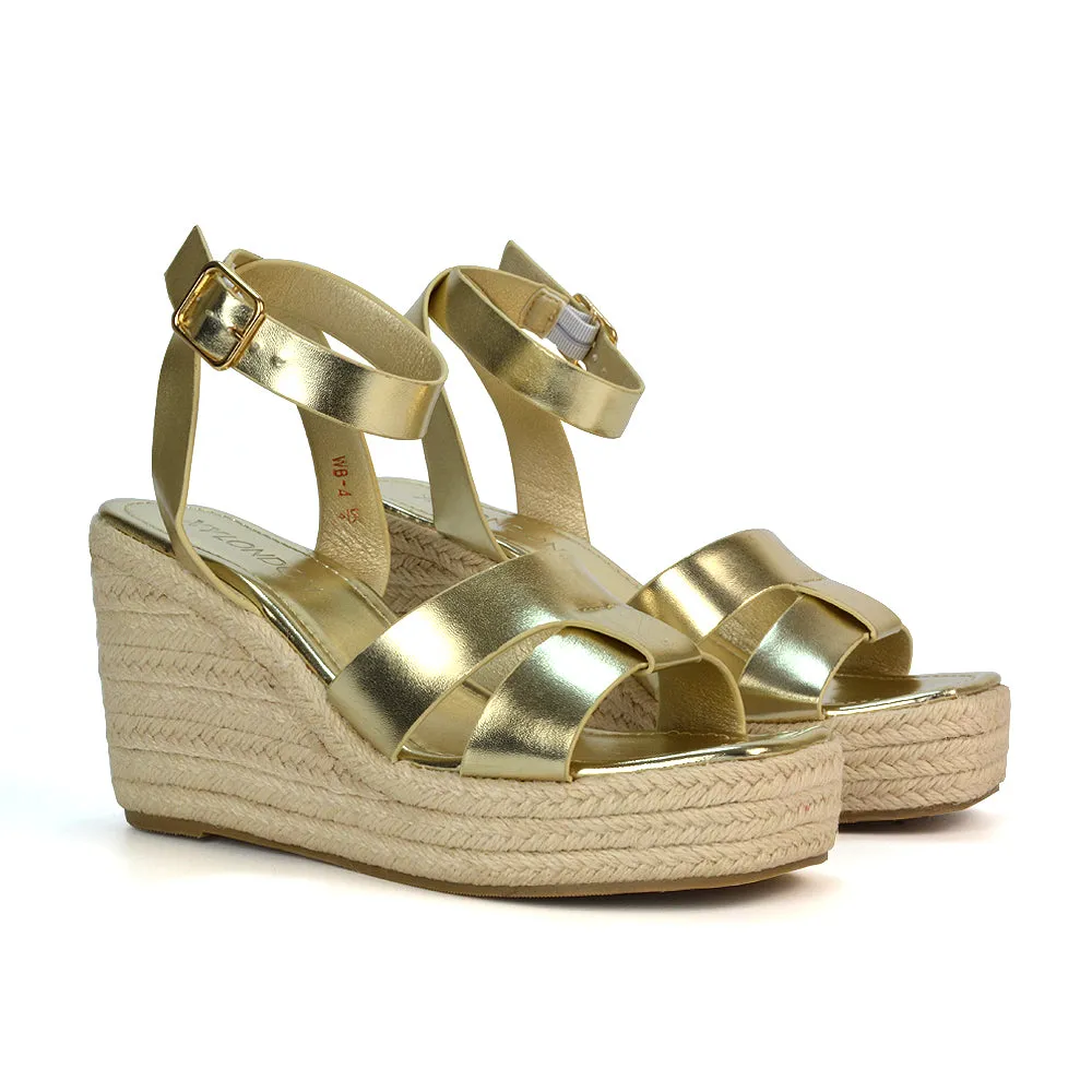 Kala Espadrille Strappy Platform Wedge Heel Sandals With a Square Toe in Black