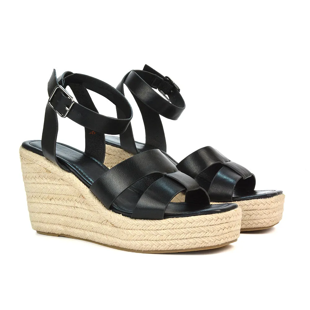 Kala Espadrille Strappy Platform Wedge Heel Sandals With a Square Toe in Black