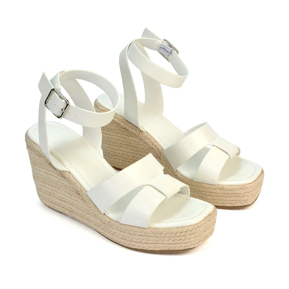 Kala Espadrille Strappy Platform Wedge Heel Sandals With a Square Toe in Black