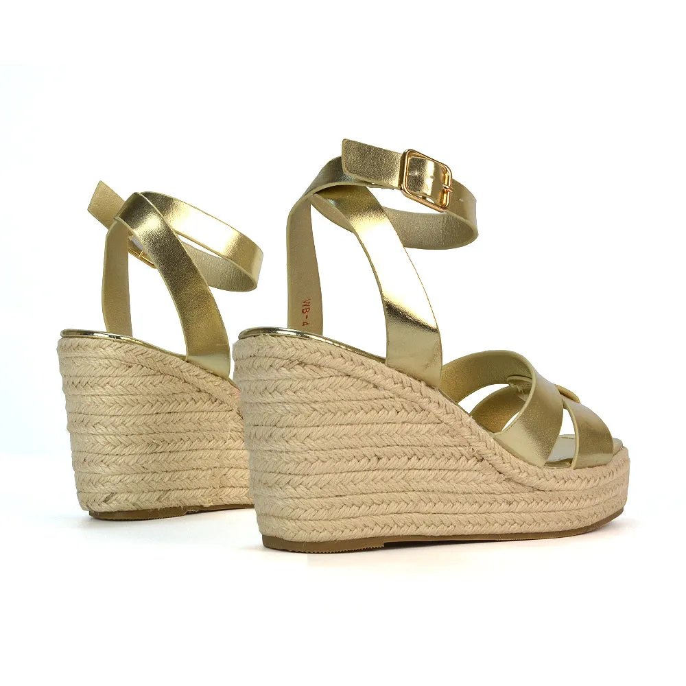 Kala Espadrille Strappy Platform Wedge Heel Sandals With a Square Toe in Black