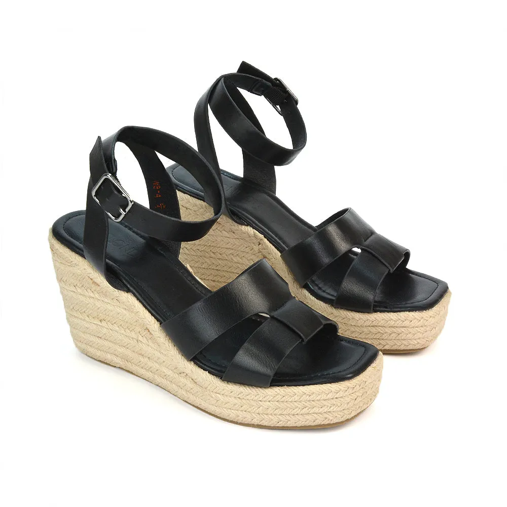 Kala Espadrille Strappy Platform Wedge Heel Sandals With a Square Toe in Black