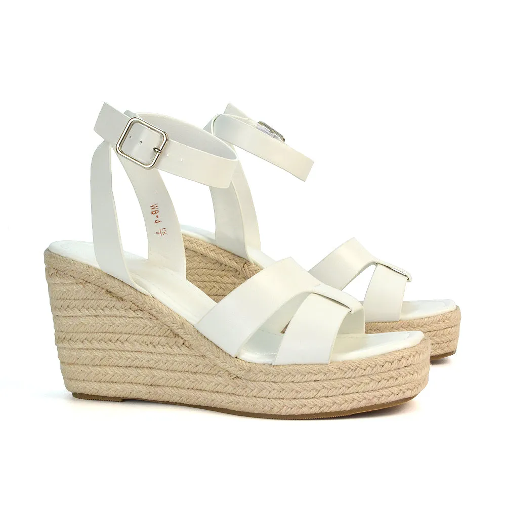 Kala Espadrille Strappy Platform Wedge Heel Sandals With a Square Toe in Black