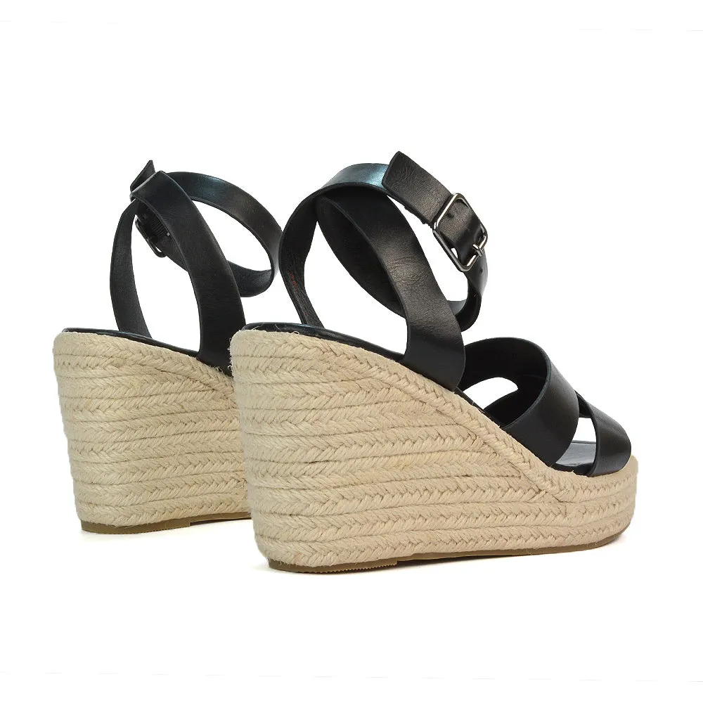 Kala Espadrille Strappy Platform Wedge Heel Sandals With a Square Toe in Black