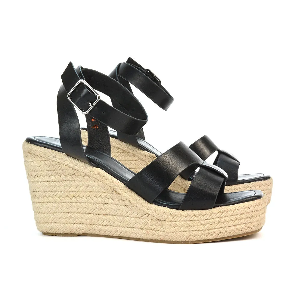 Kala Espadrille Strappy Platform Wedge Heel Sandals With a Square Toe in Black