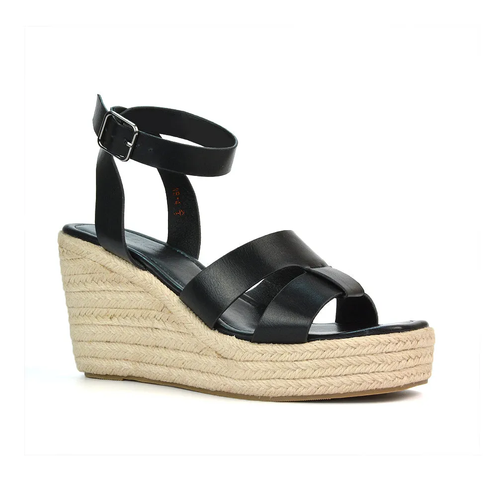 Kala Espadrille Strappy Platform Wedge Heel Sandals With a Square Toe in Black