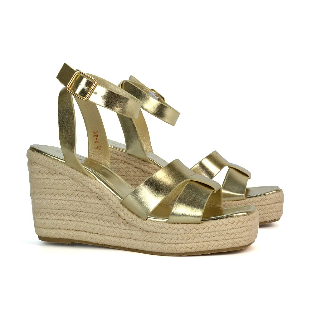 Kala Espadrille Strappy Platform Wedge Heel Sandals With a Square Toe in Black