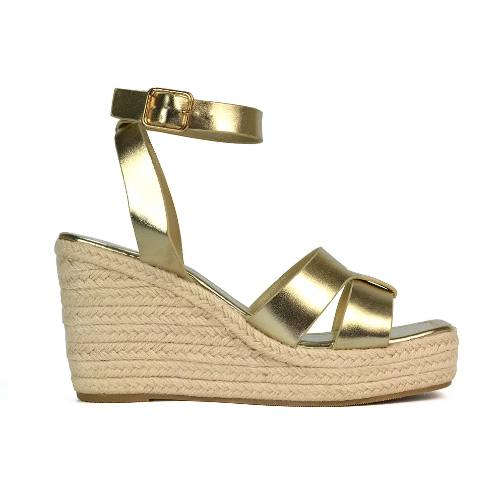 Kala Espadrille Strappy Platform Wedge Heel Sandals With a Square Toe in Black