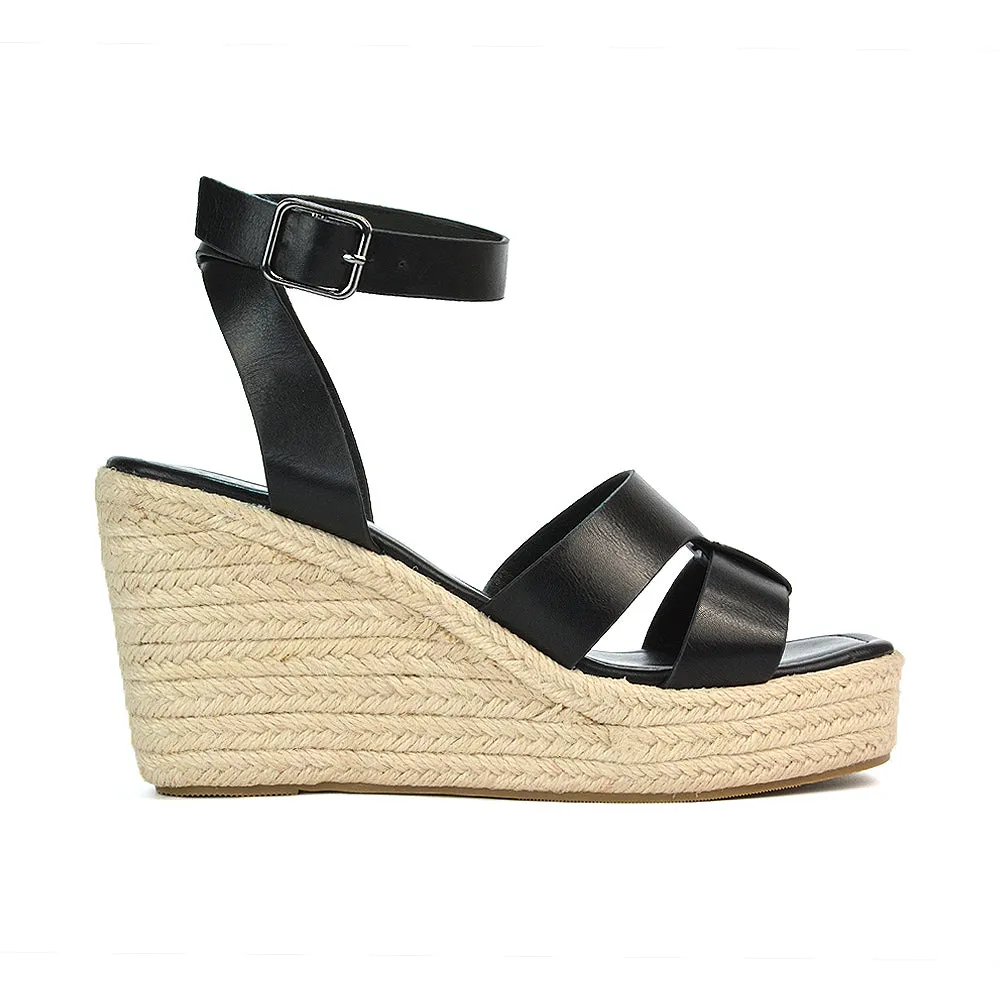 Kala Espadrille Strappy Platform Wedge Heel Sandals With a Square Toe in Black