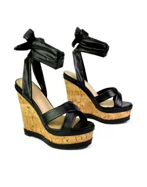 Kammie Lace Up Strappy Cork Wedge Heel Sandals Platform Shoes in Black