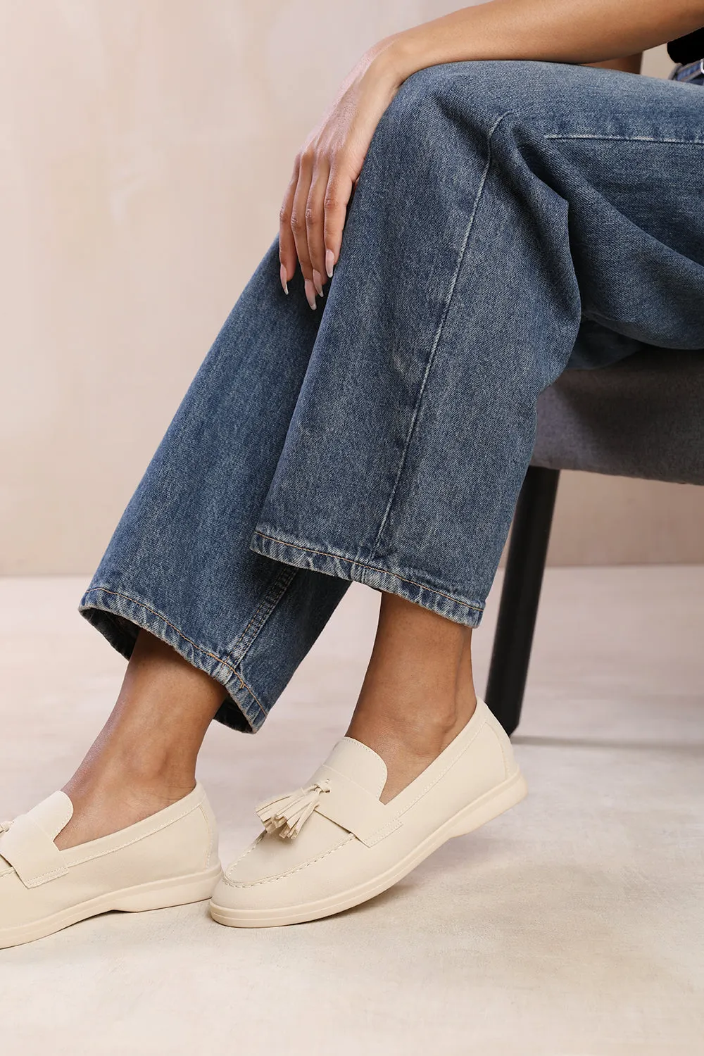 KENYA WIDE FIT SLIP ON LOAFER WITH TASSEL DETAILING IN BEIGE SUEDE