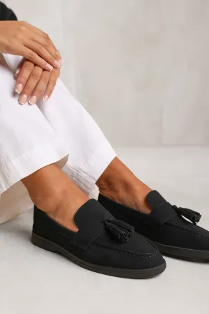 KENYA WIDE FIT SLIP ON LOAFER WITH TASSEL DETAILING IN BLACK SUEDE