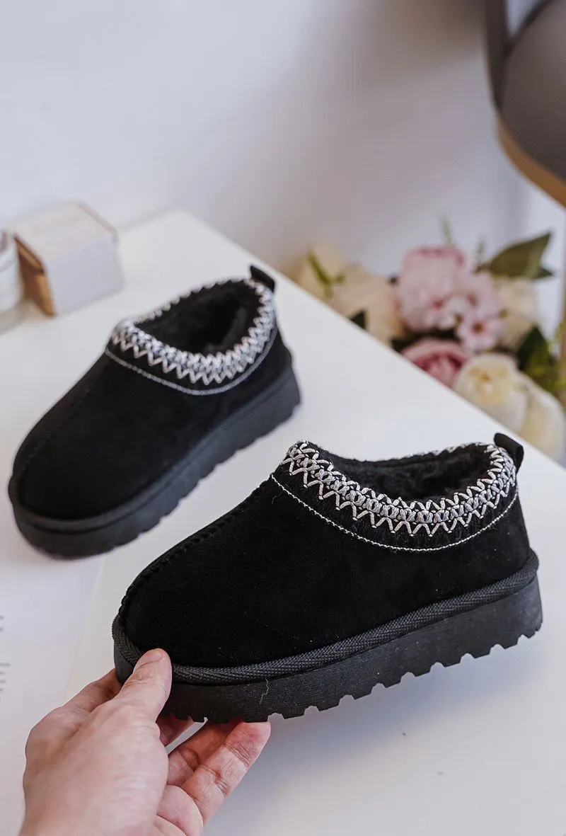 KIDS EMBROIDERY DETAIL FAUX FUR LINING SLIPPERS IN BLACK 25-30 SIZES