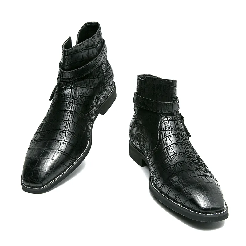 kkboxly kkboxly Men Fashion Comfy Embossed Leather Metal Buckle Strap Ankle Boots