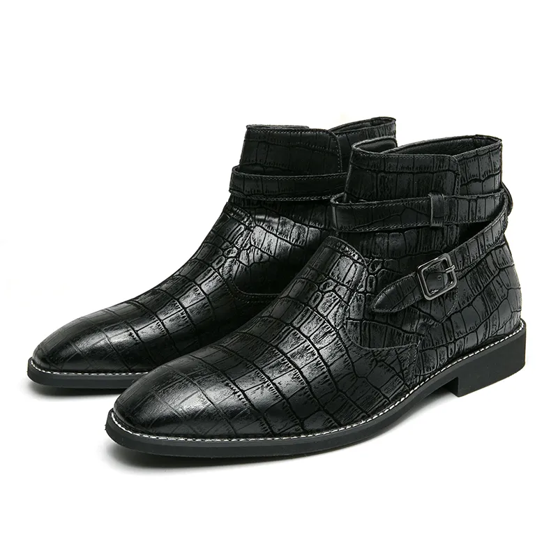 kkboxly kkboxly Men Fashion Comfy Embossed Leather Metal Buckle Strap Ankle Boots