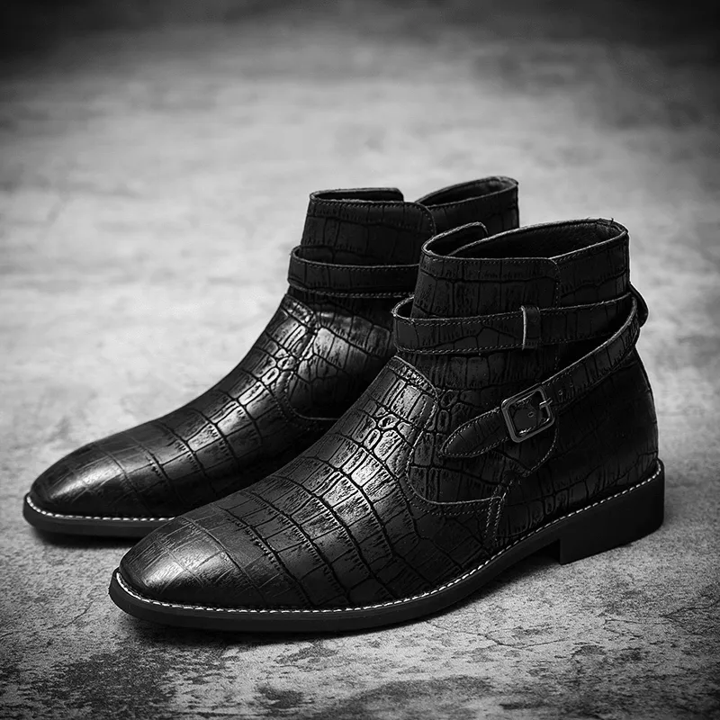 kkboxly kkboxly Men Fashion Comfy Embossed Leather Metal Buckle Strap Ankle Boots