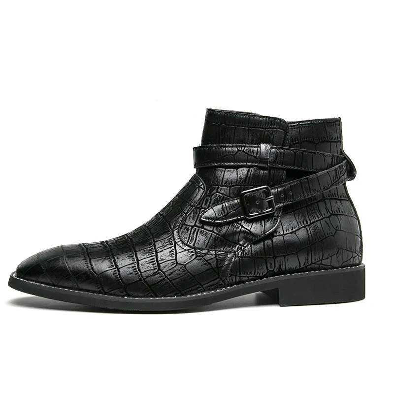 kkboxly kkboxly Men Fashion Comfy Embossed Leather Metal Buckle Strap Ankle Boots