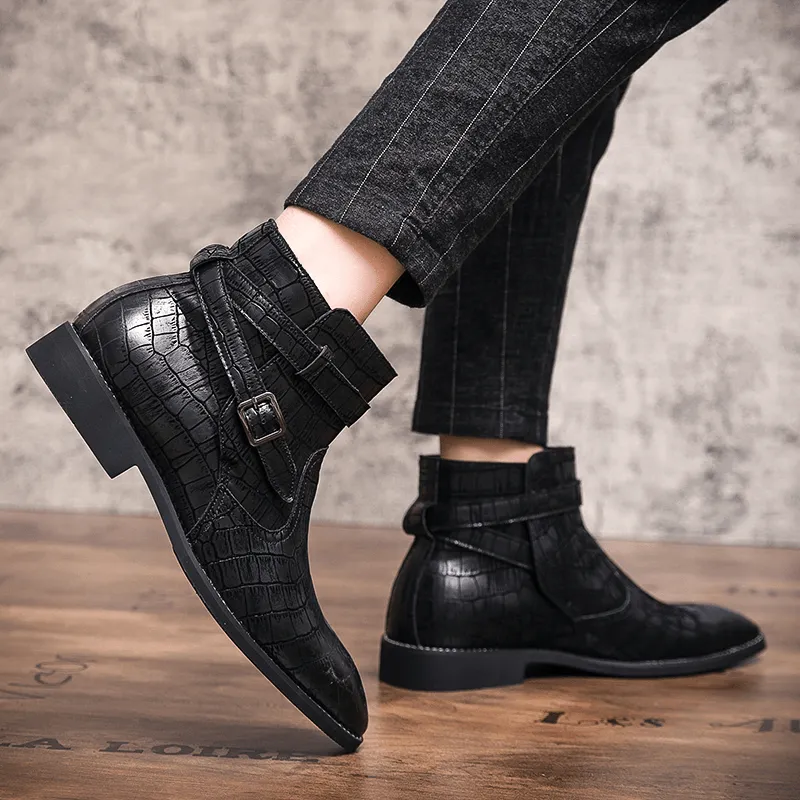 kkboxly kkboxly Men Fashion Comfy Embossed Leather Metal Buckle Strap Ankle Boots