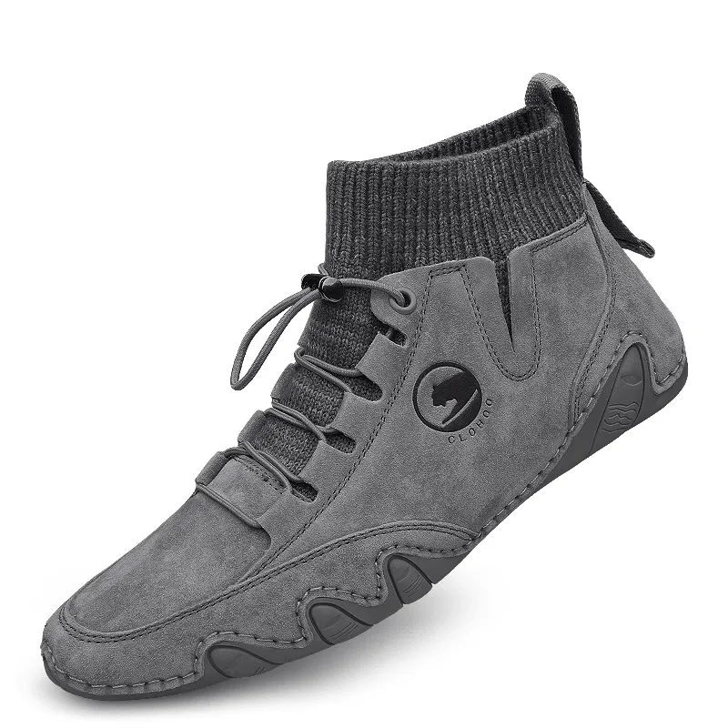 kkboxly kkboxly Men Pigskin Leather Soft Non Slip Handmade Stitching Knitted Sock Ankle Boots