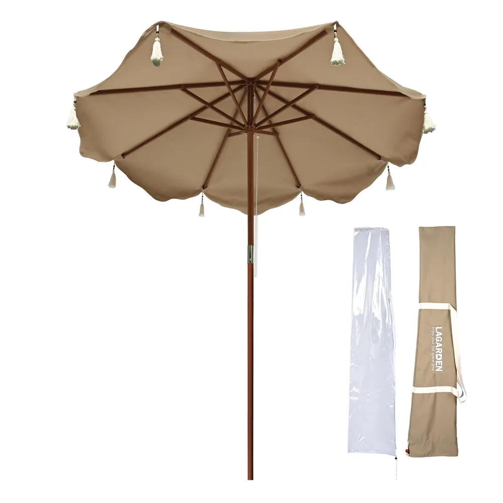 LAGarden Boho Fringe Umbrella Wood Market Umbrella