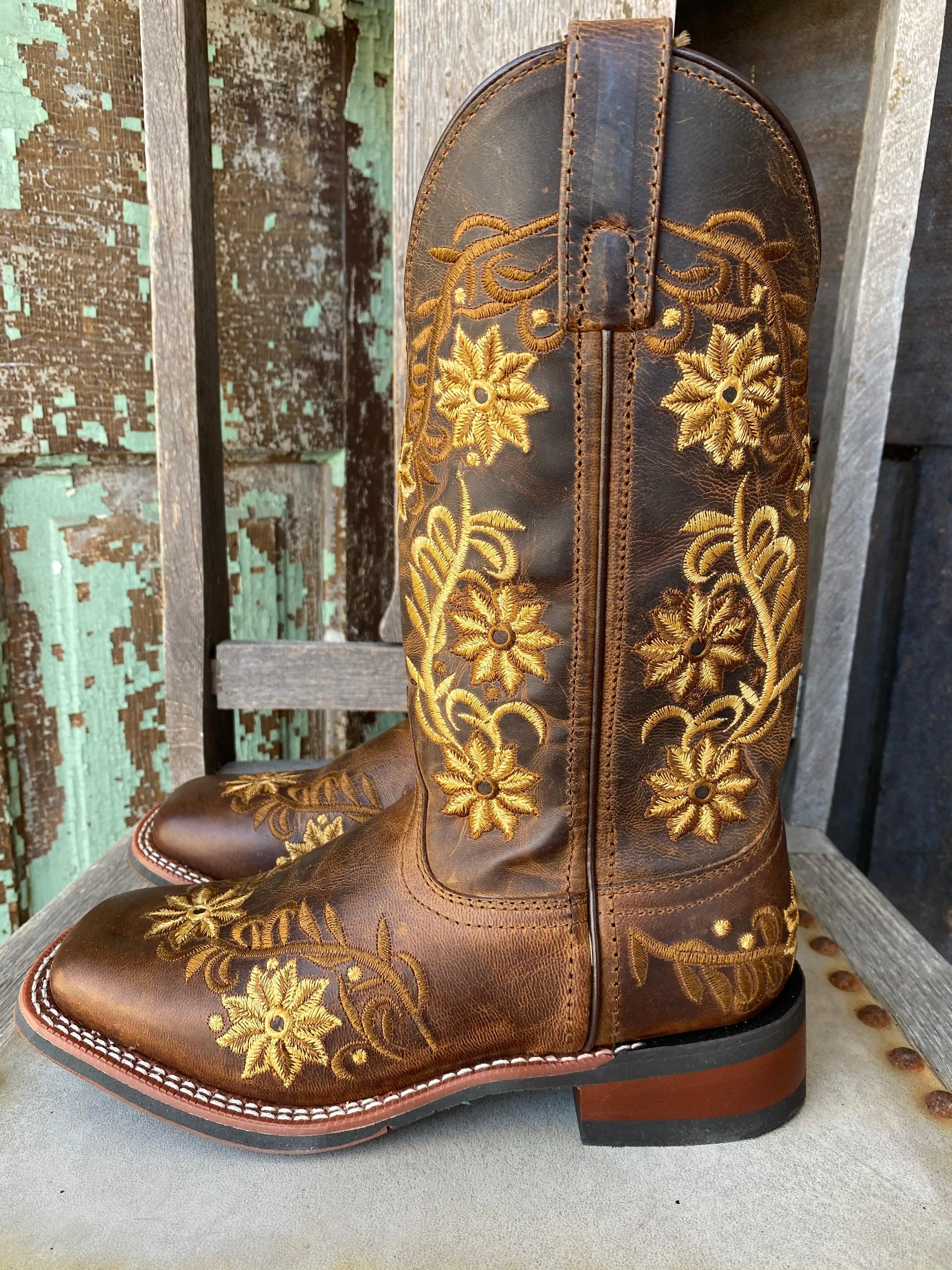 Laredo Women's Secret Garden Brown Embroidered Flower Cowgirl Boots 5822