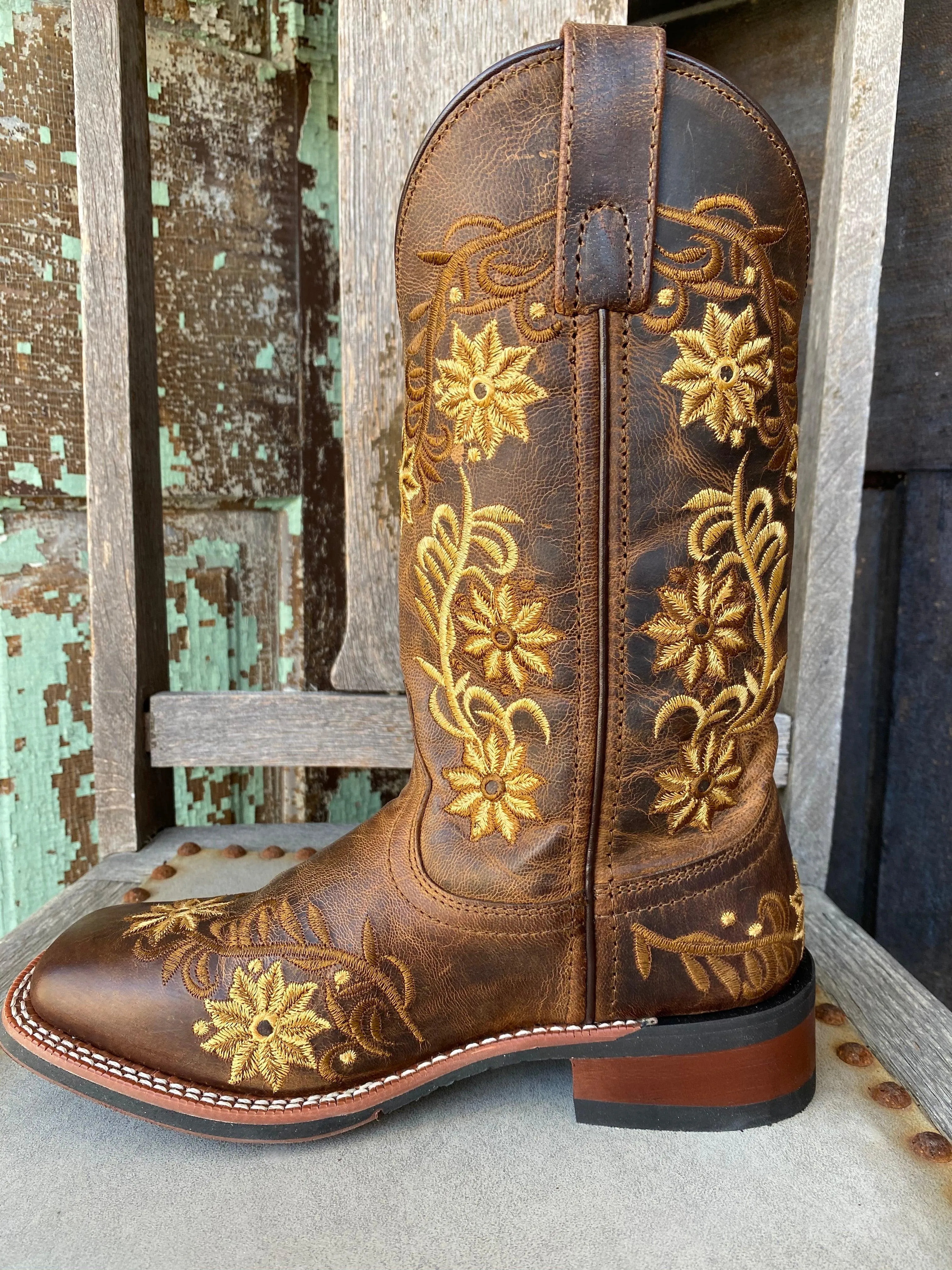 Laredo Women's Secret Garden Brown Embroidered Flower Cowgirl Boots 5822