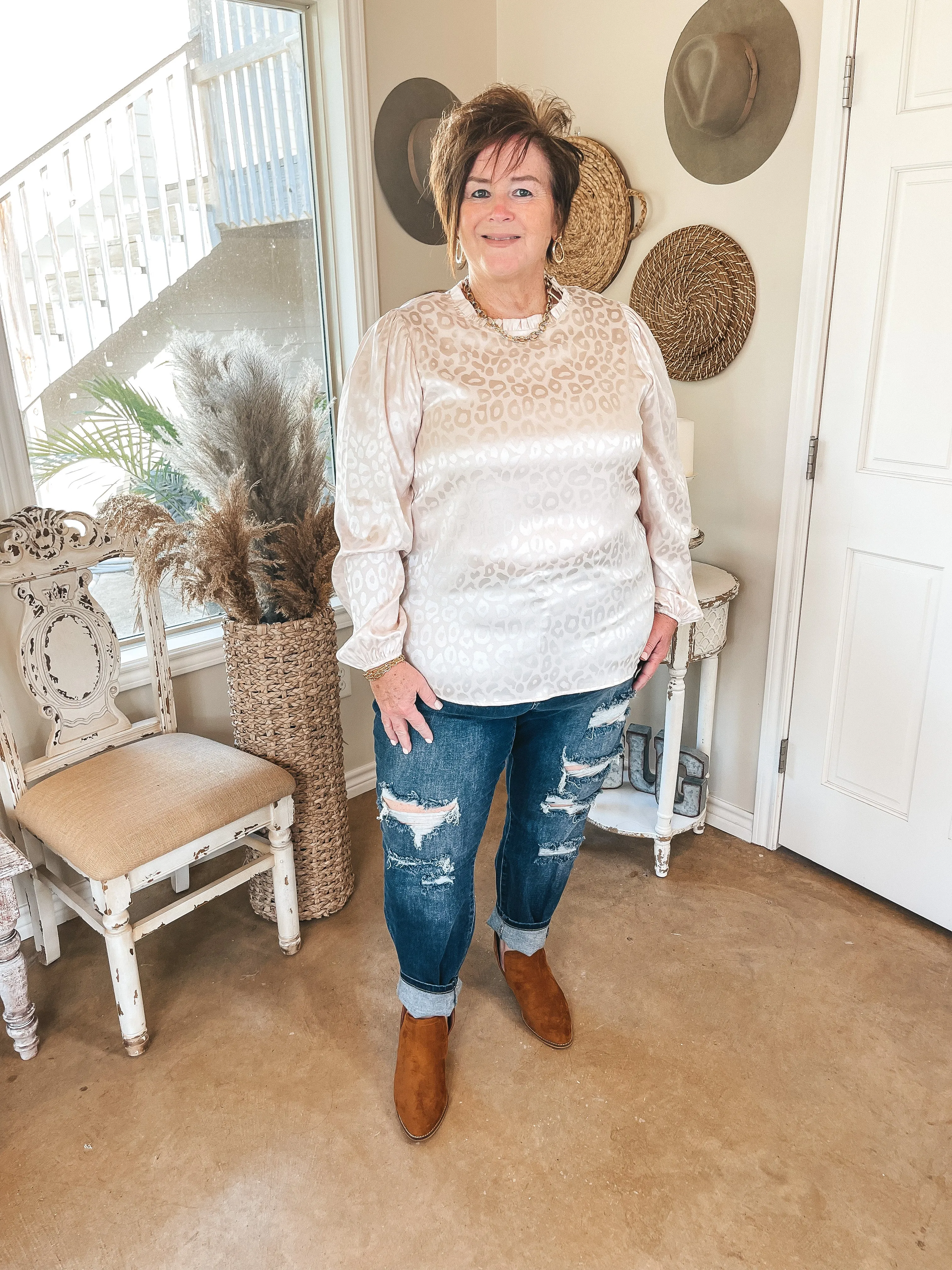 Last Chance Size Small | Styled in Shine Satin Leopard Print Long Sleeve Blouse in Ivory