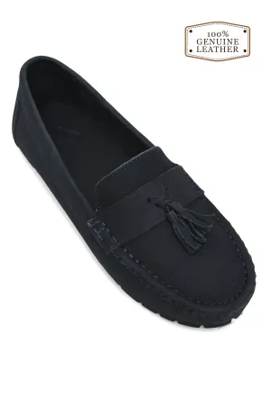 LEATHER TASSELED SLIP-ON LOAFERS-NAVY