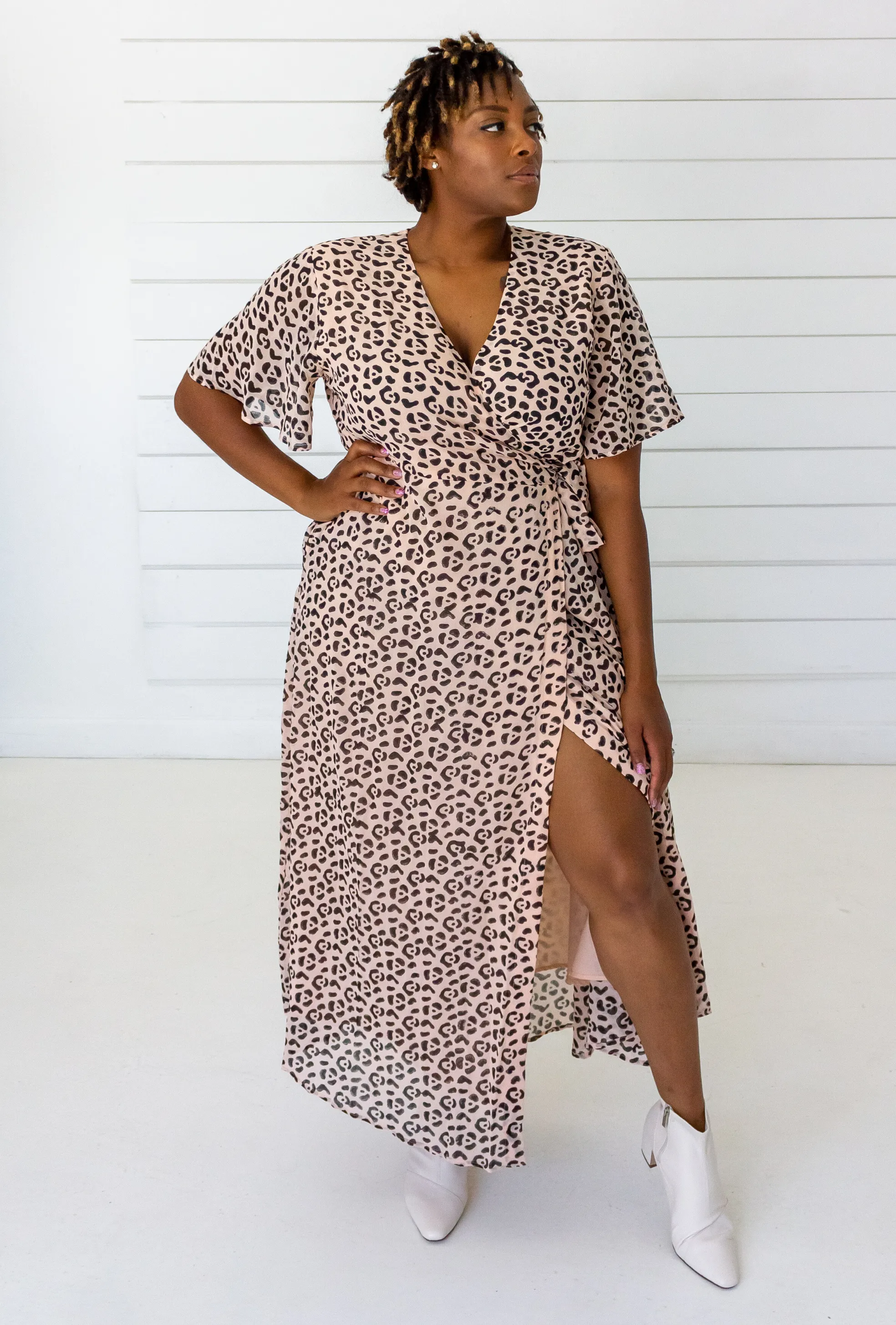 Leopard Maxi Wrap Dress in Blush   Black