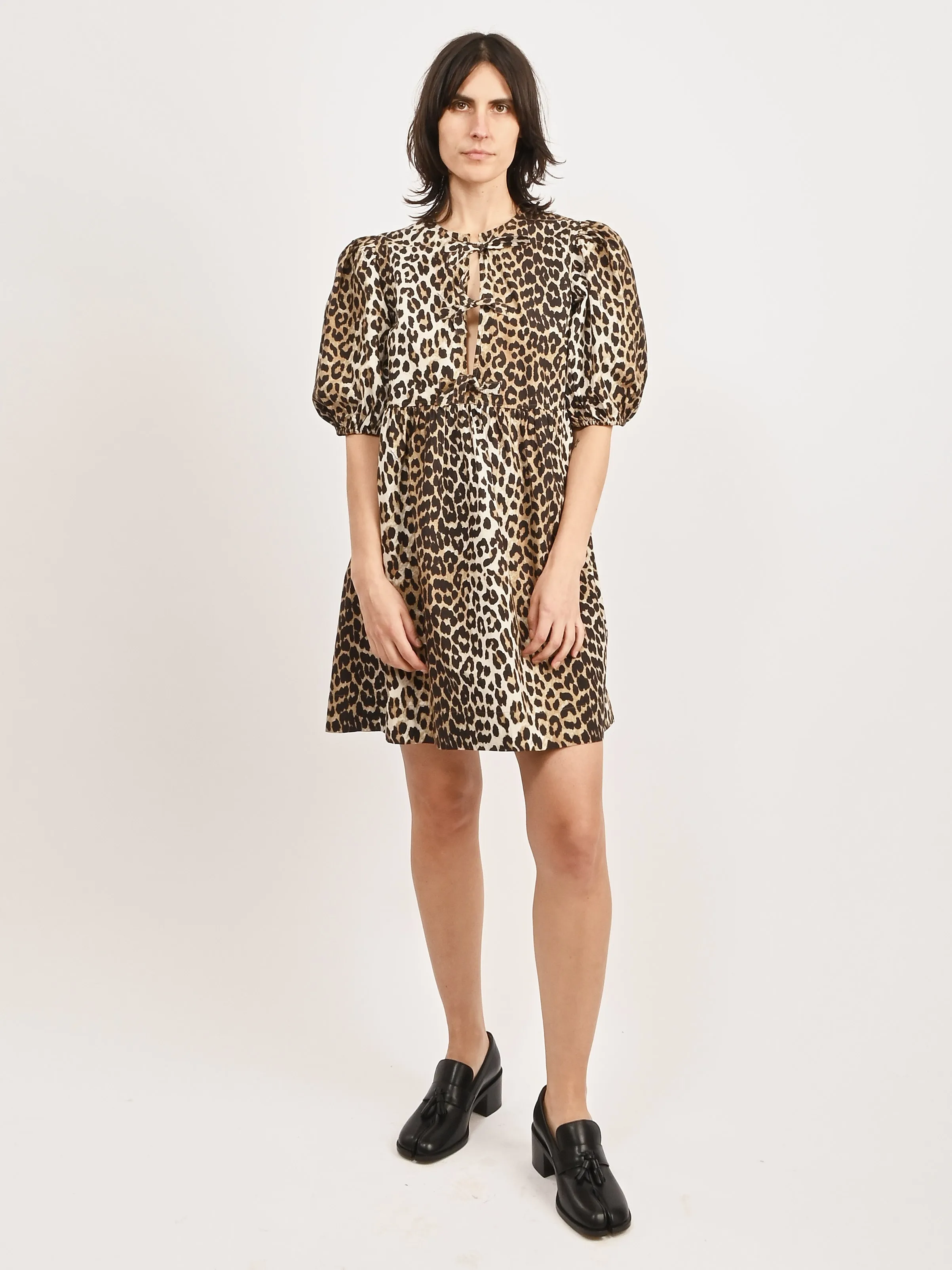 Leopard Printed Cotton Tie String Mini Dress