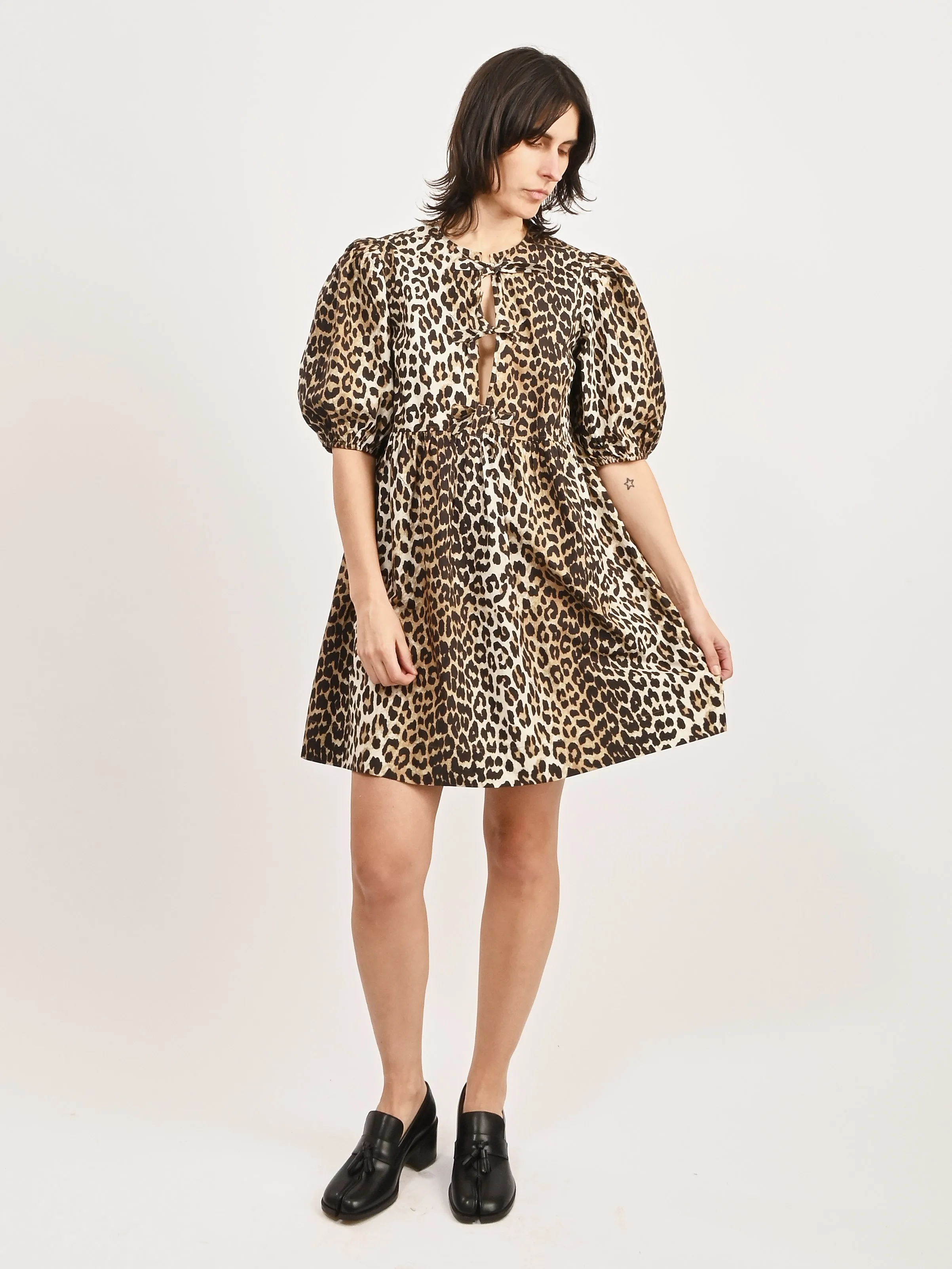 Leopard Printed Cotton Tie String Mini Dress